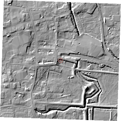 Shaded relief map of the ground around PE301NT, computed from Environment Agency LiDAR. The ground here sits at about 3 m above sea level and falls 6 m across the surrounding 800 m. Surface water reaching this point runs off ground lying to the south-east, 4.9 m higher.