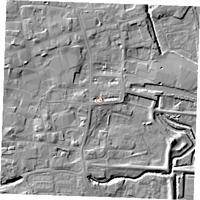 Shaded relief map of the ground around PE301NU, computed from Environment Agency LiDAR. The ground here sits at about 4 m above sea level and falls 7 m across the surrounding 800 m. Surface water reaching this point runs off ground lying to the east-south-east, 1.6 m higher.