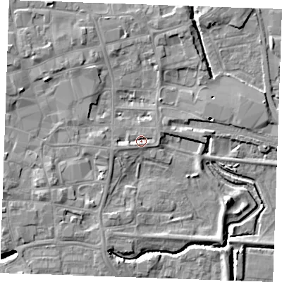 Shaded relief map of the ground around PE301NW, computed from Environment Agency LiDAR. The ground here sits at about 4 m above sea level and falls 7 m across the surrounding 800 m. Surface water reaching this point runs off ground lying to the west-south-west, 1.6 m higher.