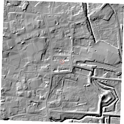 Shaded relief map of the ground around PE301NZ, computed from Environment Agency LiDAR. The ground here sits at about 4 m above sea level and falls 7 m across the surrounding 800 m. Surface water reaching this point runs off ground lying to the south-west, 2.4 m higher.