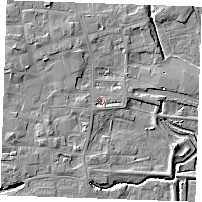 Shaded relief map of the ground around PE301PA, computed from Environment Agency LiDAR. The ground here sits at about 4 m above sea level and falls 7 m across the surrounding 800 m. Surface water reaching this point runs off ground lying to the south-south-east, 1.6 m higher.