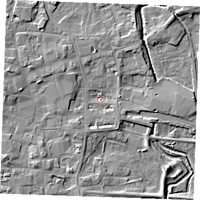 Shaded relief map of the ground around PE301PB, computed from Environment Agency LiDAR. The ground here sits at about 3 m above sea level and falls 6 m across the surrounding 800 m. Surface water reaching this point runs off ground lying to the south-west, 3.5 m higher.