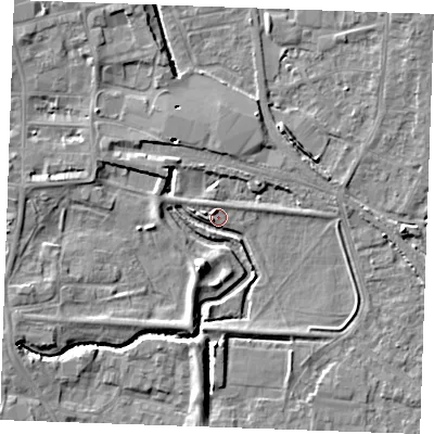 Shaded relief map of the ground around PE301PE, computed from Environment Agency LiDAR. The ground here sits at about 3 m above sea level and falls 6 m across the surrounding 800 m. Surface water reaching this point runs off ground lying to the south-south-west, 6.0 m higher.