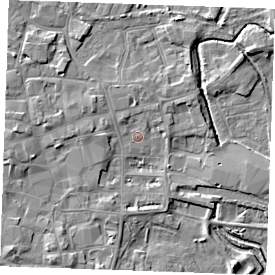 Shaded relief map of the ground around PE301PF, computed from Environment Agency LiDAR. The ground here sits at about 5 m above sea level and falls 6 m across the surrounding 800 m. Surface water reaching this point runs off ground lying to the west-north-west, 4.1 m higher.