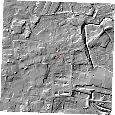 Shaded relief map of the ground around PE301PG, computed from Environment Agency LiDAR. The ground here sits at about 5 m above sea level and falls 6 m across the surrounding 800 m. Surface water reaching this point runs off ground lying to the west, 1.5 m higher.