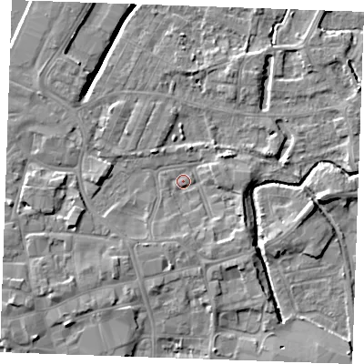 Shaded relief map of the ground around PE301PH, computed from Environment Agency LiDAR. The ground here sits at about 4 m above sea level and falls 7 m across the surrounding 800 m. Surface water reaching this point runs off ground lying to the south-east, 2.8 m higher.