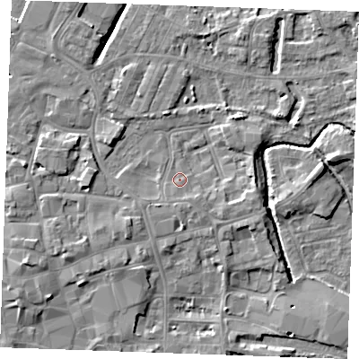 Shaded relief map of the ground around PE301PJ, computed from Environment Agency LiDAR. The ground here sits at about 5 m above sea level and falls 7 m across the surrounding 800 m. Surface water reaching this point runs off ground lying to the south-south-west, 1.0 m higher.