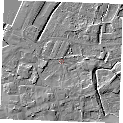 Shaded relief map of the ground around PE301PL, computed from Environment Agency LiDAR. The ground here sits at about 4 m above sea level and falls 7 m across the surrounding 800 m. Surface water reaching this point runs off ground lying to the south-west, 4.0 m higher.