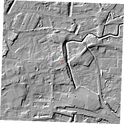 Shaded relief map of the ground around PE301PP, computed from Environment Agency LiDAR. The ground here sits at about 6 m above sea level and falls 7 m across the surrounding 800 m. Surface water reaching this point runs off ground lying to the north, 0.5 m higher.