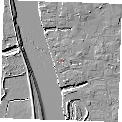 Shaded relief map of the ground around PE301PQ, computed from Environment Agency LiDAR. The ground here sits at about 5 m above sea level and falls 10 m across the surrounding 800 m. Surface water reaching this point runs off ground lying to the east-north-east, 3.1 m higher.
