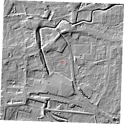 Shaded relief map of the ground around PE301PS, computed from Environment Agency LiDAR. The ground here sits at about 3 m above sea level and falls 6 m across the surrounding 800 m. Surface water reaching this point runs off ground lying to the west, 3.4 m higher.