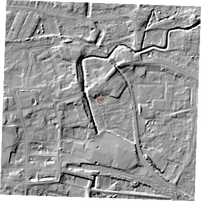 Shaded relief map of the ground around PE301PT, computed from Environment Agency LiDAR. The ground here sits at about 3 m above sea level and falls 6 m across the surrounding 800 m. Surface water reaching this point runs off ground lying to the north-north-east, 2.6 m higher.