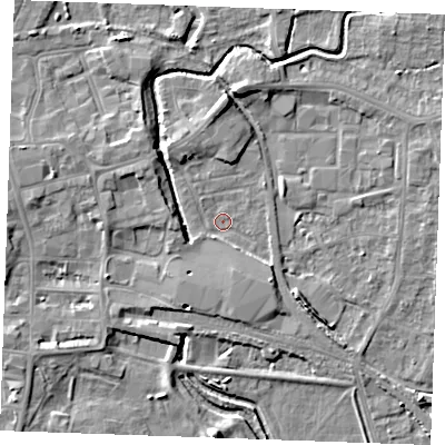 Shaded relief map of the ground around PE301PU, computed from Environment Agency LiDAR. The ground here sits at about 3 m above sea level and falls 6 m across the surrounding 800 m. Surface water reaching this point runs off ground lying to the west-south-west, 3.5 m higher.