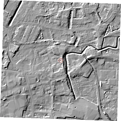 Shaded relief map of the ground around PE301PW, computed from Environment Agency LiDAR. The ground here sits at about 4 m above sea level and falls 7 m across the surrounding 800 m. Surface water reaching this point runs off ground lying to the south, 2.5 m higher.