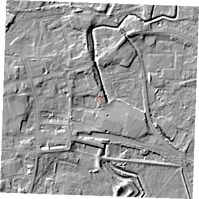 Shaded relief map of the ground around PE301PY, computed from Environment Agency LiDAR. The ground here sits at about 4 m above sea level and falls 6 m across the surrounding 800 m. Surface water reaching this point runs off ground lying to the west-north-west, 3.8 m higher.