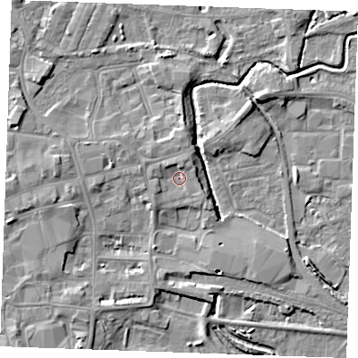 Shaded relief map of the ground around PE301QA, computed from Environment Agency LiDAR. The ground here sits at about 4 m above sea level and falls 6 m across the surrounding 800 m. Surface water reaching this point runs off ground lying to the west-north-west, 2.1 m higher.