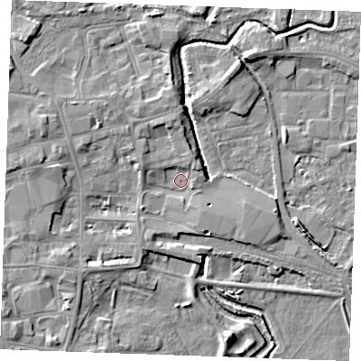 Shaded relief map of the ground around PE301QB, computed from Environment Agency LiDAR. The ground here sits at about 3 m above sea level and falls 6 m across the surrounding 800 m. Surface water reaching this point runs off ground lying to the west, 4.0 m higher.