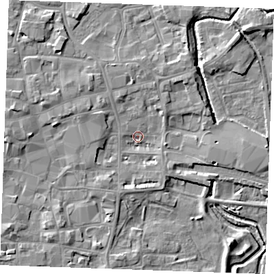Shaded relief map of the ground around PE301QD, computed from Environment Agency LiDAR. The ground here sits at about 4 m above sea level and falls 6 m across the surrounding 800 m. Surface water reaching this point runs off ground lying to the west-north-west, 4.1 m higher.