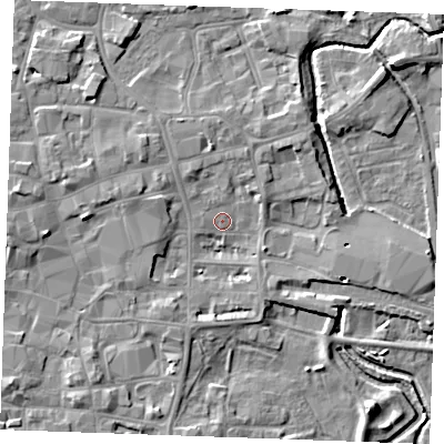 Shaded relief map of the ground around PE301QE, computed from Environment Agency LiDAR. The ground here sits at about 4 m above sea level and falls 6 m across the surrounding 800 m. Surface water reaching this point runs off ground lying to the west-north-west, 4.1 m higher.