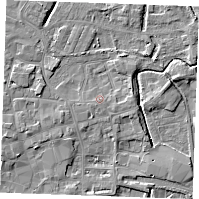 Shaded relief map of the ground around PE301QH, computed from Environment Agency LiDAR. The ground here sits at about 5 m above sea level and falls 7 m across the surrounding 800 m. Surface water reaching this point runs off ground lying to the west-south-west, 0.9 m higher.