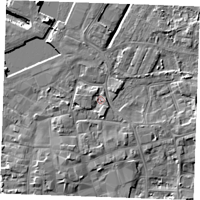 Shaded relief map of the ground around PE301QL, computed from Environment Agency LiDAR. The ground here sits at about 5 m above sea level and falls 14 m across the surrounding 800 m. Surface water reaching this point runs off ground lying to the south-south-west, 2.5 m higher.