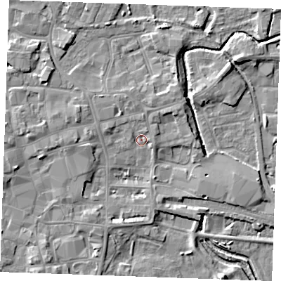 Shaded relief map of the ground around PE301QQ, computed from Environment Agency LiDAR. The ground here sits at about 4 m above sea level and falls 6 m across the surrounding 800 m. Surface water reaching this point runs off ground lying to the west, 4.1 m higher.
