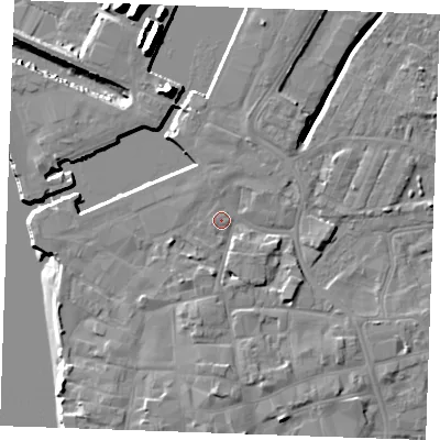 Shaded relief map of the ground around PE301QS, computed from Environment Agency LiDAR. The ground here sits at about 6 m above sea level and falls 15 m across the surrounding 800 m. Surface water reaching this point runs off ground lying to the south, 3.0 m higher.