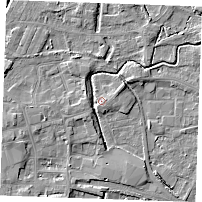 Shaded relief map of the ground around PE301QT, computed from Environment Agency LiDAR. The ground here sits at about 4 m above sea level and falls 6 m across the surrounding 800 m. Surface water reaching this point runs off ground lying to the south-south-west, 1.7 m higher.