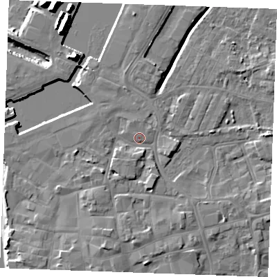 Shaded relief map of the ground around PE301QW, computed from Environment Agency LiDAR. The ground here sits at about 5 m above sea level and falls 15 m across the surrounding 800 m. Surface water reaching this point runs off ground lying to the south-west, 3.0 m higher.