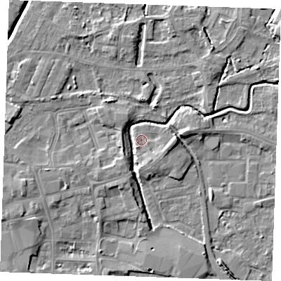 Shaded relief map of the ground around PE301QX, computed from Environment Agency LiDAR. The ground here sits at about 3 m above sea level and falls 6 m across the surrounding 800 m. Surface water reaching this point runs off ground lying to the south-west, 4.2 m higher.