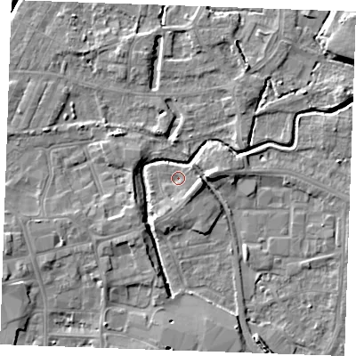 Shaded relief map of the ground around PE301QY, computed from Environment Agency LiDAR. The ground here sits at about 3 m above sea level and falls 6 m across the surrounding 800 m. Surface water reaching this point runs off ground lying to the east, 4.0 m higher.