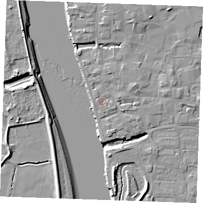 Shaded relief map of the ground around PE301QZ, computed from Environment Agency LiDAR. The ground here sits at about 5 m above sea level and falls 10 m across the surrounding 800 m. Surface water reaching this point runs off ground lying to the east-north-east, 3.1 m higher.
