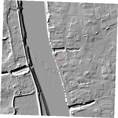 Shaded relief map of the ground around PE301RD, computed from Environment Agency LiDAR. The ground here sits at about 5 m above sea level and falls 9 m across the surrounding 800 m. Surface water reaching this point runs off ground lying to the east, 1.6 m higher.