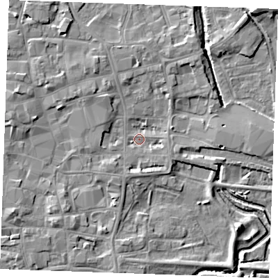 Shaded relief map of the ground around PE301RE, computed from Environment Agency LiDAR. The ground here sits at about 4 m above sea level and falls 6 m across the surrounding 800 m. Surface water reaching this point runs off ground lying to the south-west, 3.5 m higher.