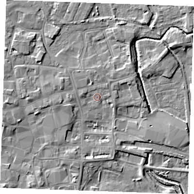 Shaded relief map of the ground around PE301RF, computed from Environment Agency LiDAR. The ground here sits at about 5 m above sea level and falls 6 m across the surrounding 800 m. Surface water reaching this point runs off ground lying to the west-north-west, 1.5 m higher.