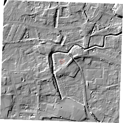 Shaded relief map of the ground around PE301RG, computed from Environment Agency LiDAR. The ground here sits at about 4 m above sea level and falls 6 m across the surrounding 800 m. Surface water reaching this point runs off ground lying to the east-north-east, 4.0 m higher.