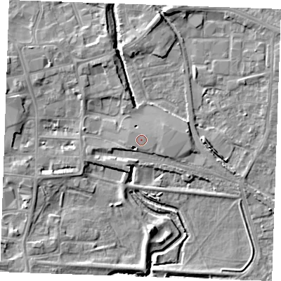 Shaded relief map of the ground around PE301RX, computed from Environment Agency LiDAR. The ground here sits at about 5 m above sea level and falls 6 m across the surrounding 800 m. The ground contributing surface water to this point lies to the east.