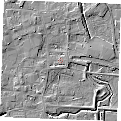 Shaded relief map of the ground around PE301RY, computed from Environment Agency LiDAR. The ground here sits at about 4 m above sea level and falls 7 m across the surrounding 800 m. Surface water reaching this point runs off ground lying to the west-south-west, 1.8 m higher.