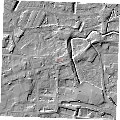 Shaded relief map of the ground around PE301SA, computed from Environment Agency LiDAR. The ground here sits at about 5 m above sea level and falls 7 m across the surrounding 800 m. Surface water reaching this point runs off ground lying to the east-north-east, 1.4 m higher.