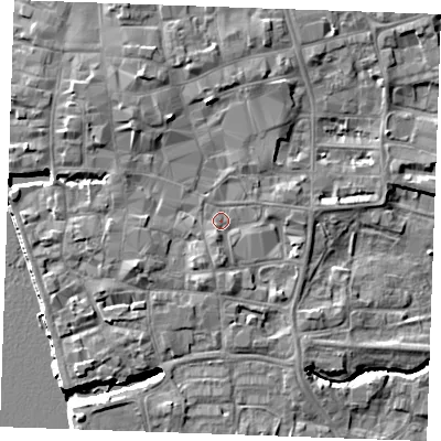 Shaded relief map of the ground around PE301SE, computed from Environment Agency LiDAR. The ground here sits at about 5 m above sea level and falls 9 m across the surrounding 800 m. Surface water reaching this point runs off ground lying to the south-south-west, 2.0 m higher.