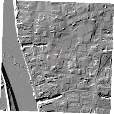 Shaded relief map of the ground around PE301XA, computed from Environment Agency LiDAR. The ground here sits at about 6 m above sea level and falls 9 m across the surrounding 800 m. Surface water reaching this point runs off ground lying to the south-south-west, 2.8 m higher.