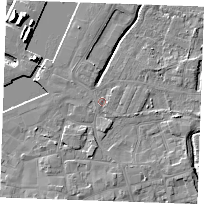 Shaded relief map of the ground around PE302AA, computed from Environment Agency LiDAR. The ground here sits at about 5 m above sea level and falls 14 m across the surrounding 800 m. Surface water reaching this point runs off ground lying to the west-south-west, 1.6 m higher.