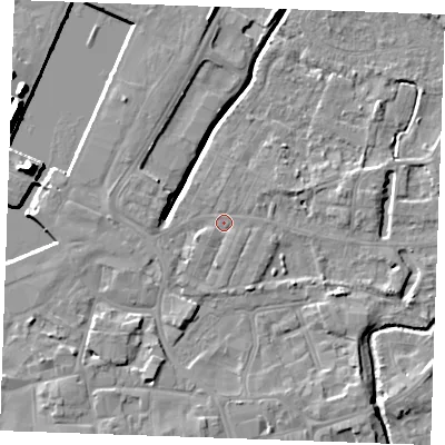 Shaded relief map of the ground around PE302AB, computed from Environment Agency LiDAR. The ground here sits at about 4 m above sea level and falls 14 m across the surrounding 800 m. Surface water reaching this point runs off ground lying to the south-west, 1.8 m higher.