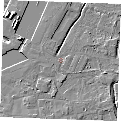 Shaded relief map of the ground around PE302AD, computed from Environment Agency LiDAR. The ground here sits at about 4 m above sea level and falls 14 m across the surrounding 800 m. Surface water reaching this point runs off ground lying to the south-south-west, 1.8 m higher.