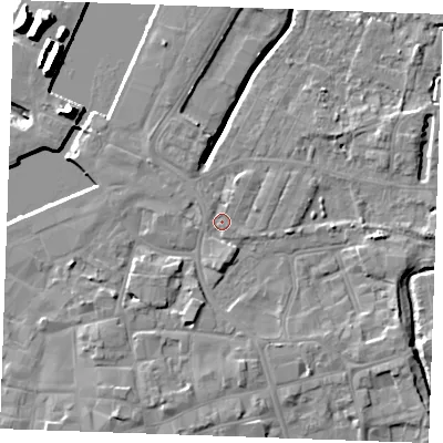 Shaded relief map of the ground around PE302AE, computed from Environment Agency LiDAR. The ground here sits at about 5 m above sea level and falls 14 m across the surrounding 800 m. Surface water reaching this point runs off ground lying to the north-west, 1.4 m higher.