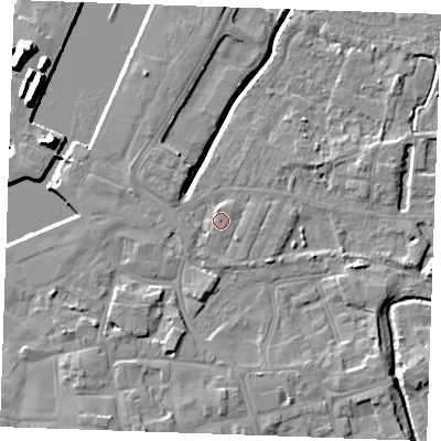 Shaded relief map of the ground around PE302AF, computed from Environment Agency LiDAR. The ground here sits at about 5 m above sea level and falls 14 m across the surrounding 800 m. Surface water reaching this point runs off ground lying to the west-south-west, 1.6 m higher.