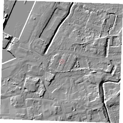 Shaded relief map of the ground around PE302AG, computed from Environment Agency LiDAR. The ground here sits at about 5 m above sea level and falls 14 m across the surrounding 800 m. Surface water reaching this point runs off ground lying to the west-south-west, 1.6 m higher.