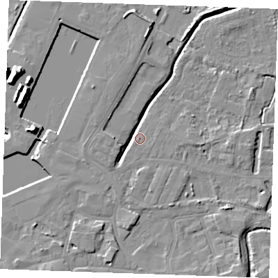 Shaded relief map of the ground around PE302AH, computed from Environment Agency LiDAR. The ground here sits at about 4 m above sea level and falls 14 m across the surrounding 800 m. Surface water reaching this point runs off ground lying to the west, 5.4 m higher.