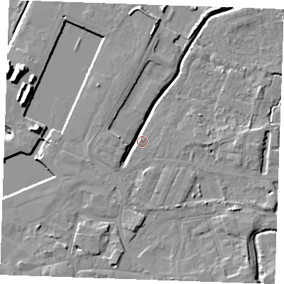 Shaded relief map of the ground around PE302AJ, computed from Environment Agency LiDAR. The ground here sits at about 4 m above sea level and falls 14 m across the surrounding 800 m. Surface water reaching this point runs off ground lying to the west, 5.4 m higher.