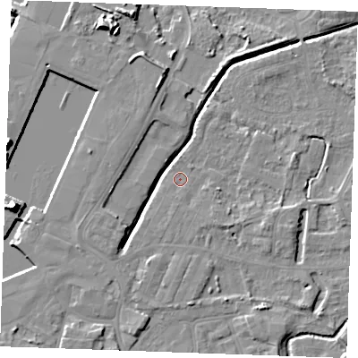 Shaded relief map of the ground around PE302AL, computed from Environment Agency LiDAR. The ground here sits at about 4 m above sea level and falls 13 m across the surrounding 800 m. Surface water reaching this point runs off ground lying to the south, 0.9 m higher.